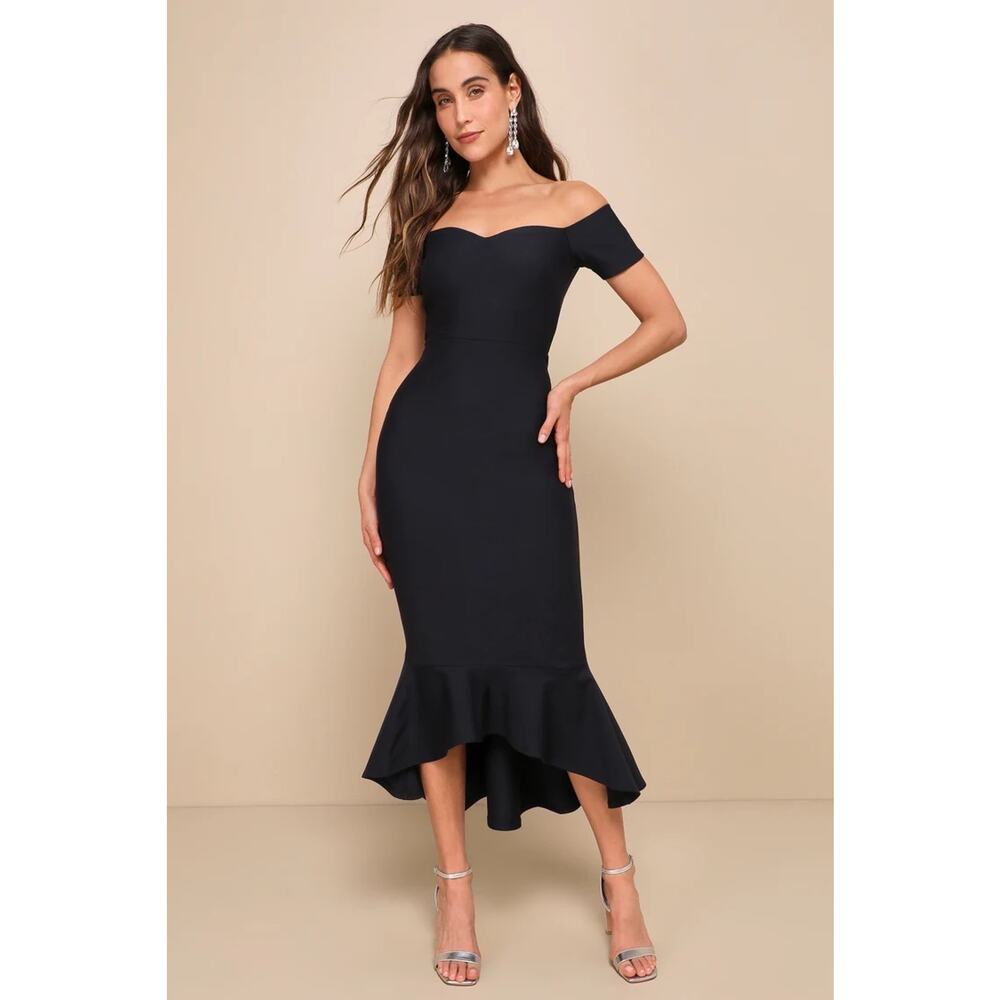 Lulus How Much I Care Black Off-the-Shoulder Midi Dress Holiday Party Medium